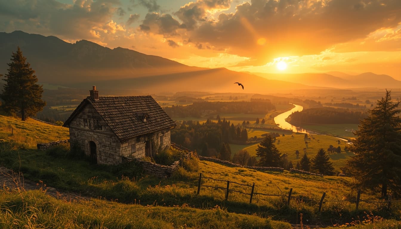 Bauernhof im Alpenraum bei Sonnenuntergang – Garden Eden sucht Höfe und Land im DACH-Raum
