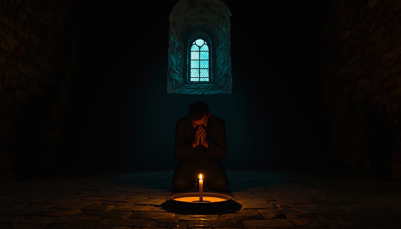 Vergib dir selbst — Mann kniet in alter Steinkirche in Georgien mit Kerze — Mathias Gottwald